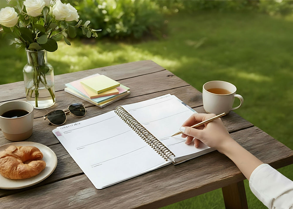 open personalised planner on desk showing weekly layout and pen ready, Posy Paper Co.