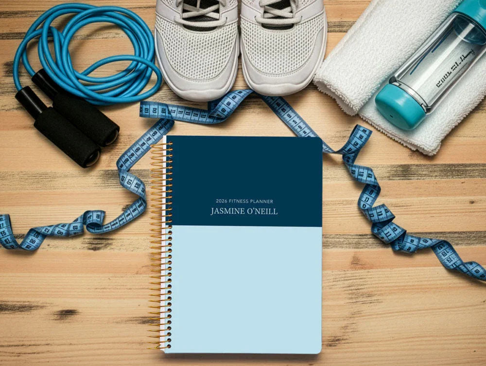 Fitness planner open on desk with workout tracker and goals, Posy Paper Co. handcrafted in Vancouver Canada