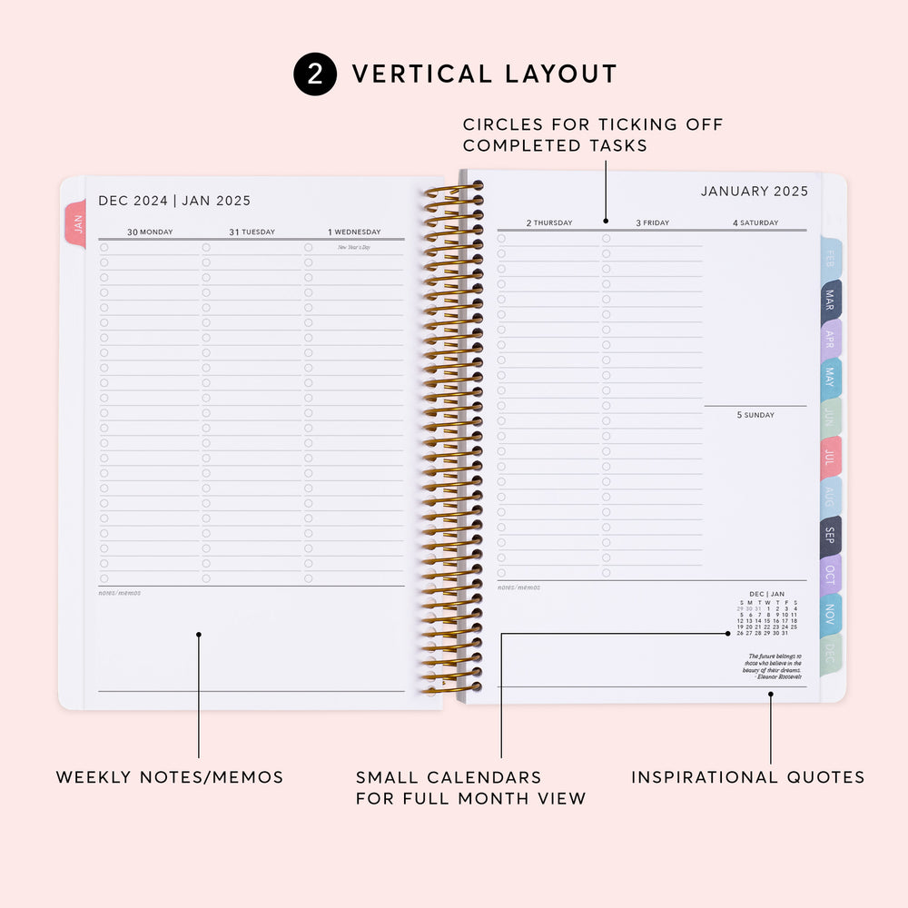 a spiral bound planner with the words vertical layout