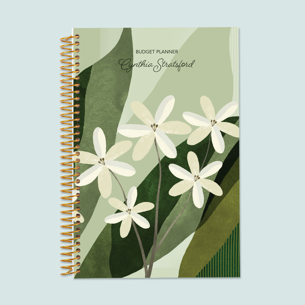 6x9 budget planner with an abstract florals green cover, designed with artistic floral brushstrokes, a structured financial layout, and premium coil binding.