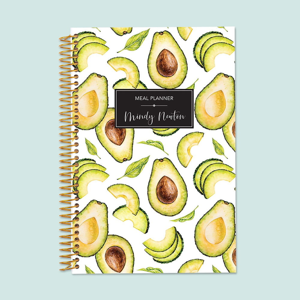 6x9 meal planner with an Avocados-themed cover, designed for meal prepping, diet tracking, and grocery organization for a healthy and budget-friendly lifestyle.