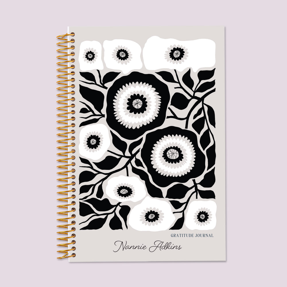 Gratitude journal with an Artful Flowers Black and White cover, a timeless and artistic space for gratitude tracking and mindfulness.