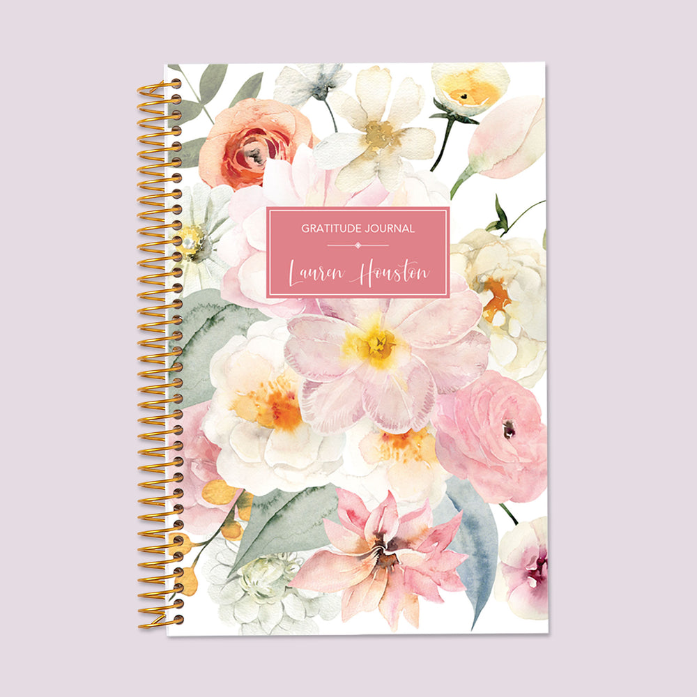 Gratitude journal with a Flirty Florals Blush cover, a beautifully designed journal for fostering gratitude and self-care.