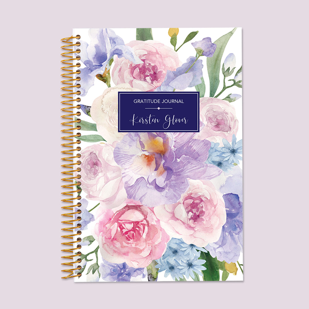 Gratitude journal with a Flirty Florals Mauve cover, a chic and uplifting space to practice daily gratitude and mindfulness.