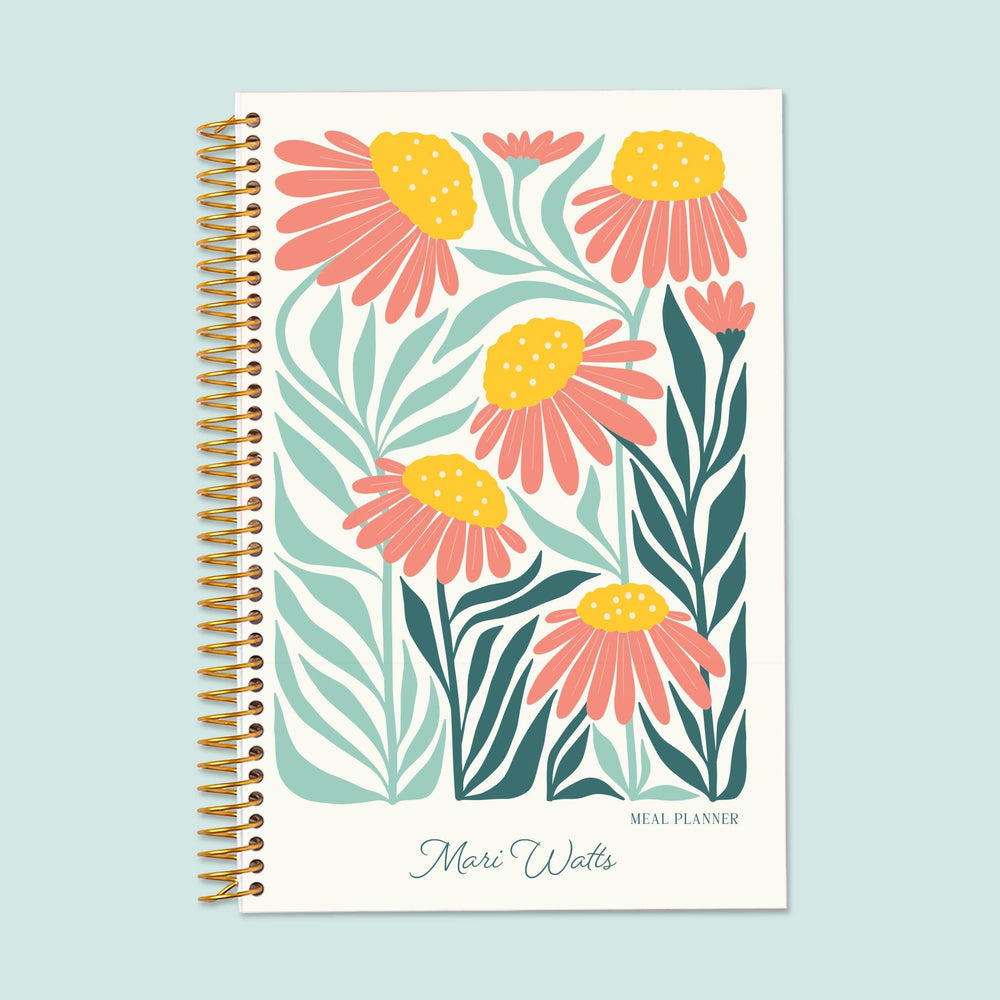 6x9 meal planner with an Artful Flowers Pink Green Orange cover, blending vibrant floral artistry with structured meal planning, nutrition tracking, and grocery organization.