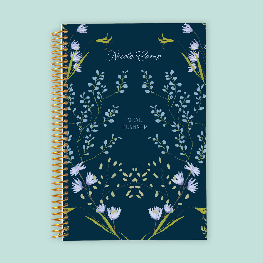 6x9 meal planner with a Flower Frame Blue cover, perfect for scheduling weekly meals, organizing grocery lists, and monitoring healthy eating habits.