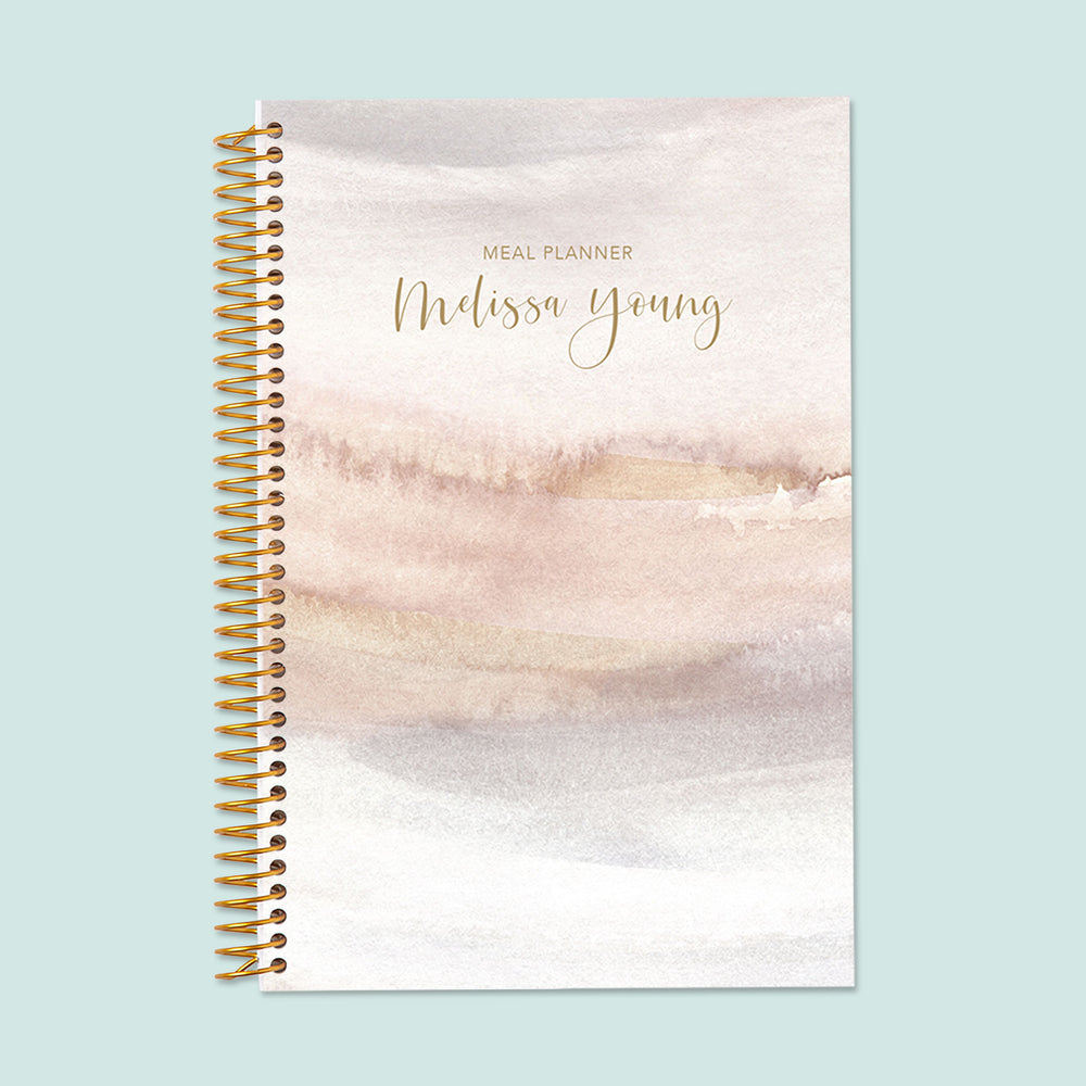 6x9 meal planner with a Neutral Watercolor Gradient cover, offering structured meal logs, grocery list planning, and healthy habit tracking.