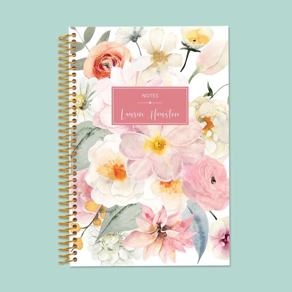 Soft blush floral notebook with a durable coil binding. Ideal for jotting down daily notes, reflections, and ideas.