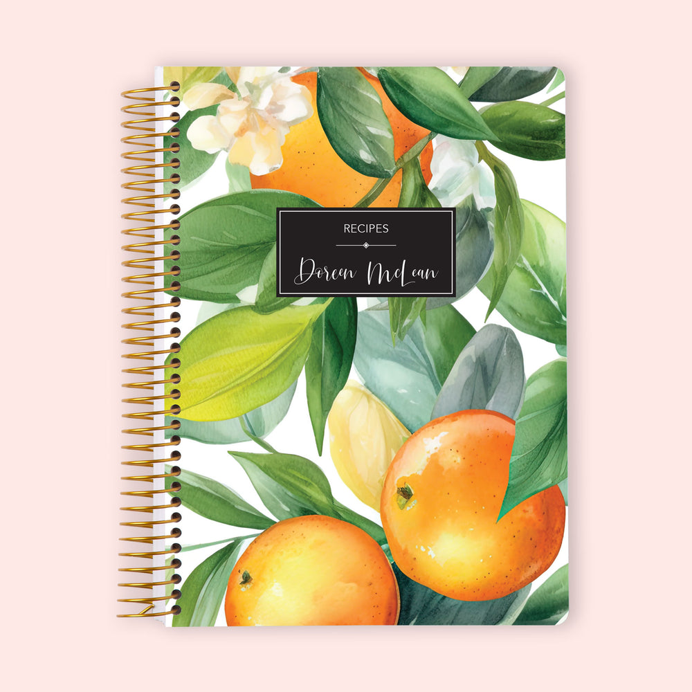 Personalized recipe book with a Citrus cover, featuring vibrant lemon and orange illustrations for tracking favorite recipes, ingredients, and cooking inspiration.