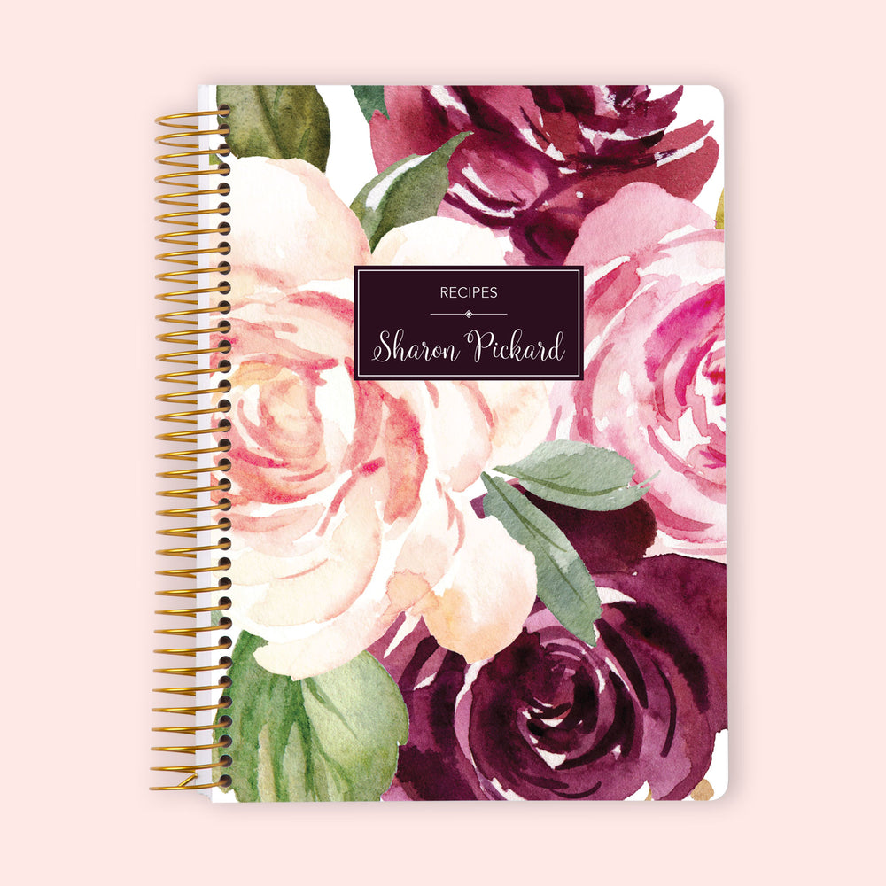 Personalized recipe book with a Plum Blush Roses cover, designed for organizing homemade recipes, meal planning, and baking inspiration.