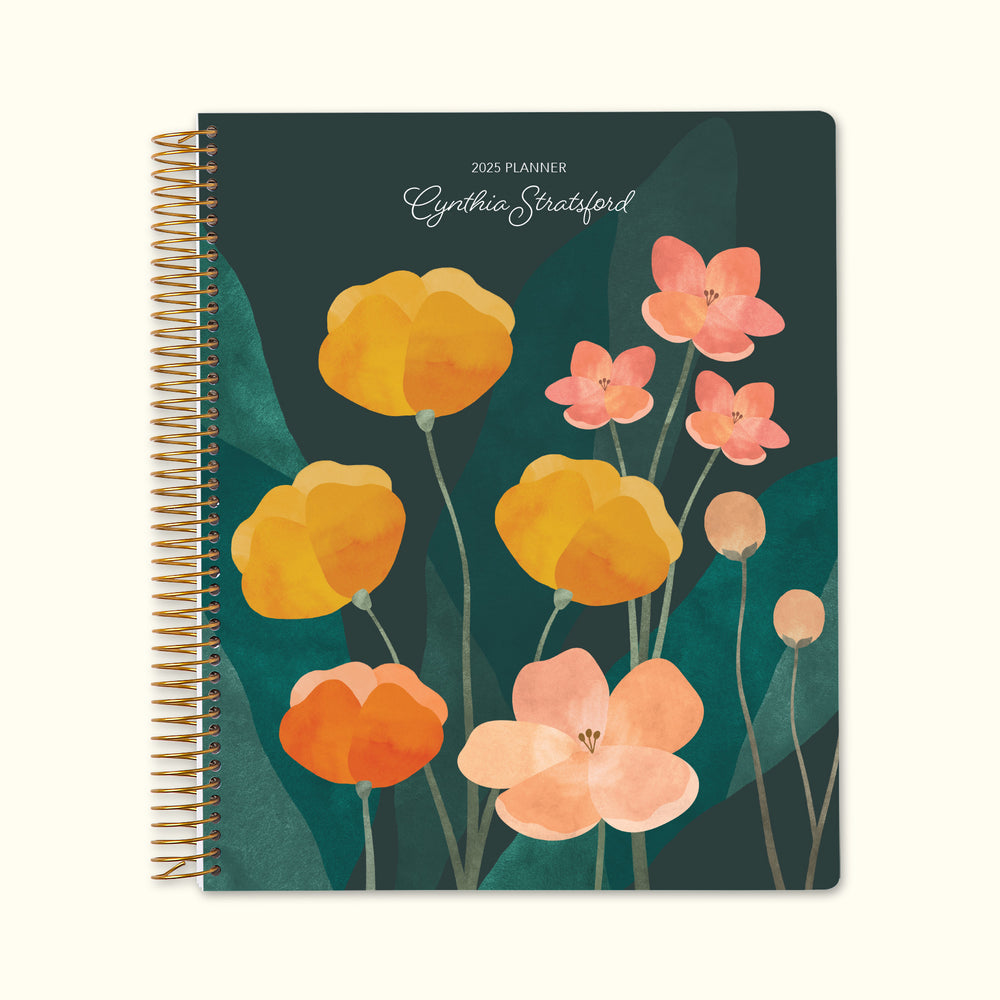 8.5x11 monthly planner with a fresh abstract florals green multicolor cover, blending soft pastels with smooth paper and structured monthly planning pages.