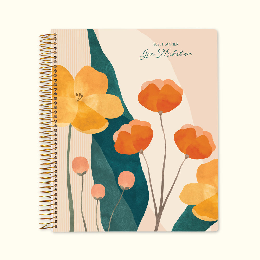 8.5x11 monthly planner with a vibrant abstract florals pink multicolor cover, showcasing expressive brushstrokes, premium paper, and functional monthly spreads.