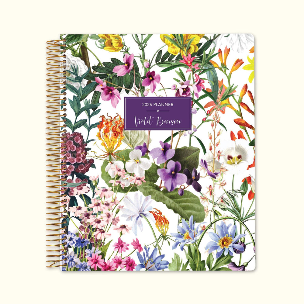 8.5x11 monthly planner with a timeless colorful florals white cover, combining classic floral elements with smooth paper and spacious monthly pages for a seamless planning experience.