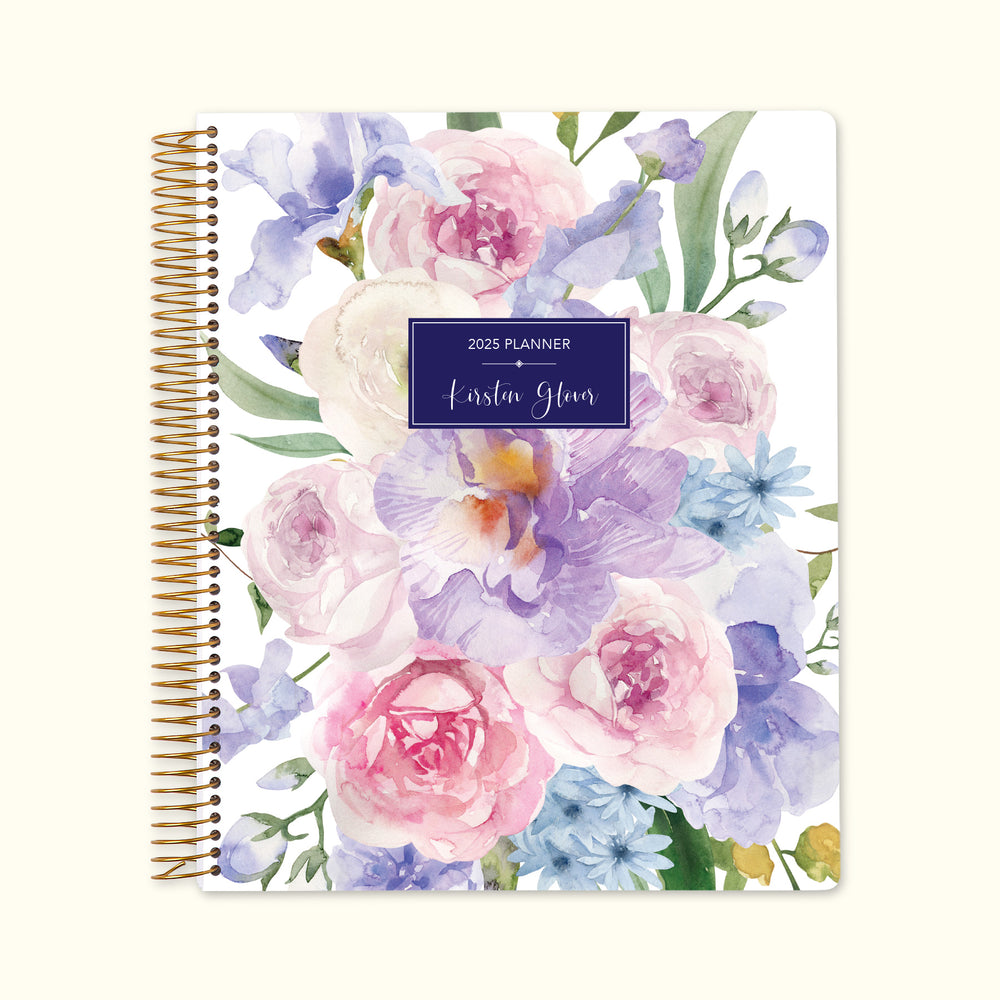 8.5x11 monthly planner with a sophisticated flirty florals mauve cover, blending elegant floral tones with durable paper and spacious monthly layouts for seamless scheduling.