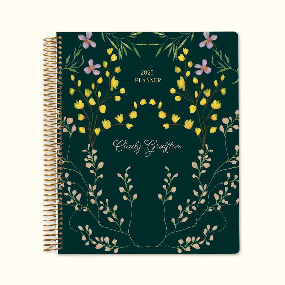 8.5x11 monthly planner with a delicate flower frame green cover, offering a botanical aesthetic, premium-quality paper, and spacious monthly layouts for streamlined scheduling.
