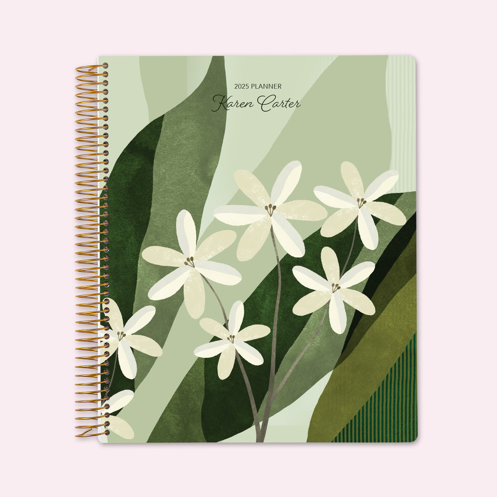 8.5x11 teacher planner with an abstract florals green cover, featuring expressive floral strokes, premium paper, and spacious lesson planning pages for educators.