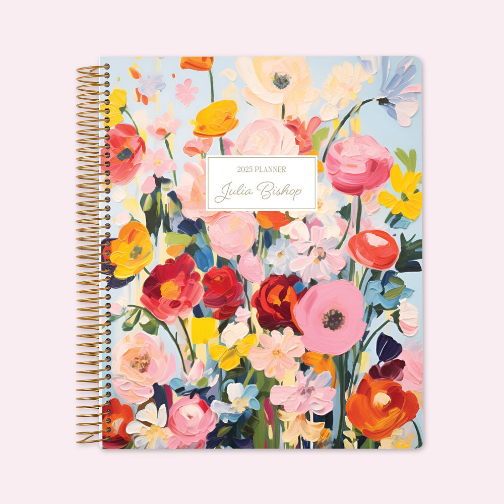 8.5x11 teacher planner with a soft blossom dreams colorful cover, featuring artistic floral strokes, premium paper, and structured lesson planning spreads.