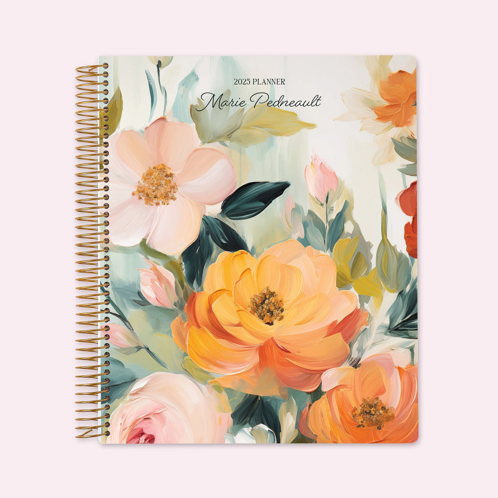 8.5x11 teacher planner with a warm blossom dreams orange green cover, featuring artistic floral brushstrokes, premium paper, and structured layouts for lesson planning.