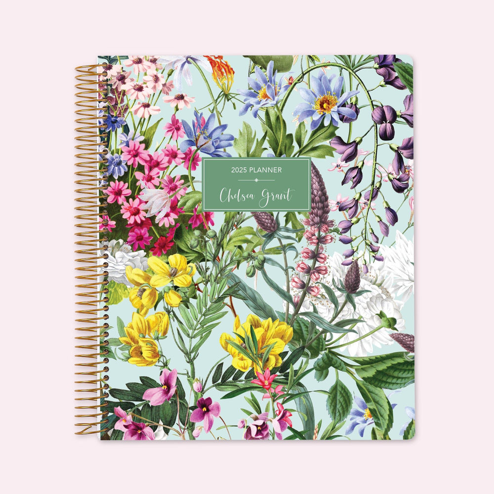 8.5x11 teacher planner with a colorful florals green cover, featuring lush floral designs, premium paper, and structured layouts for seamless lesson planning.