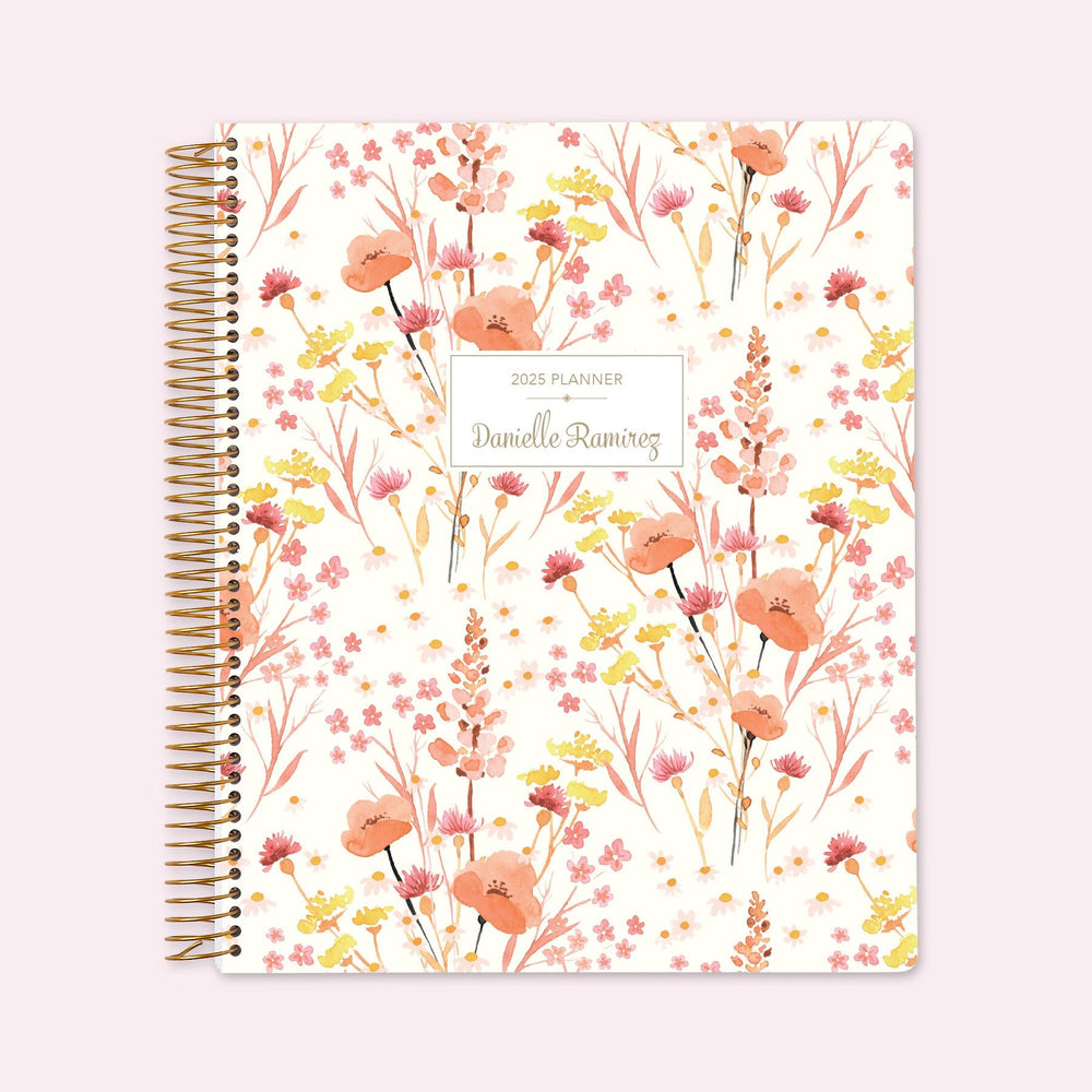 8.5x11 teacher planner with a charming field flowers pink cover, blending wildflower beauty with smooth paper and well-organized teacher planning sections.