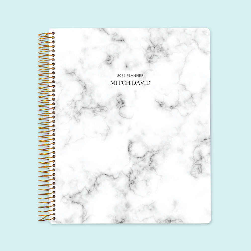 8.5x11 weekly planner with a sophisticated gray marble cover, offering a timeless design, high-quality paper, and structured weekly spreads for seamless planning.