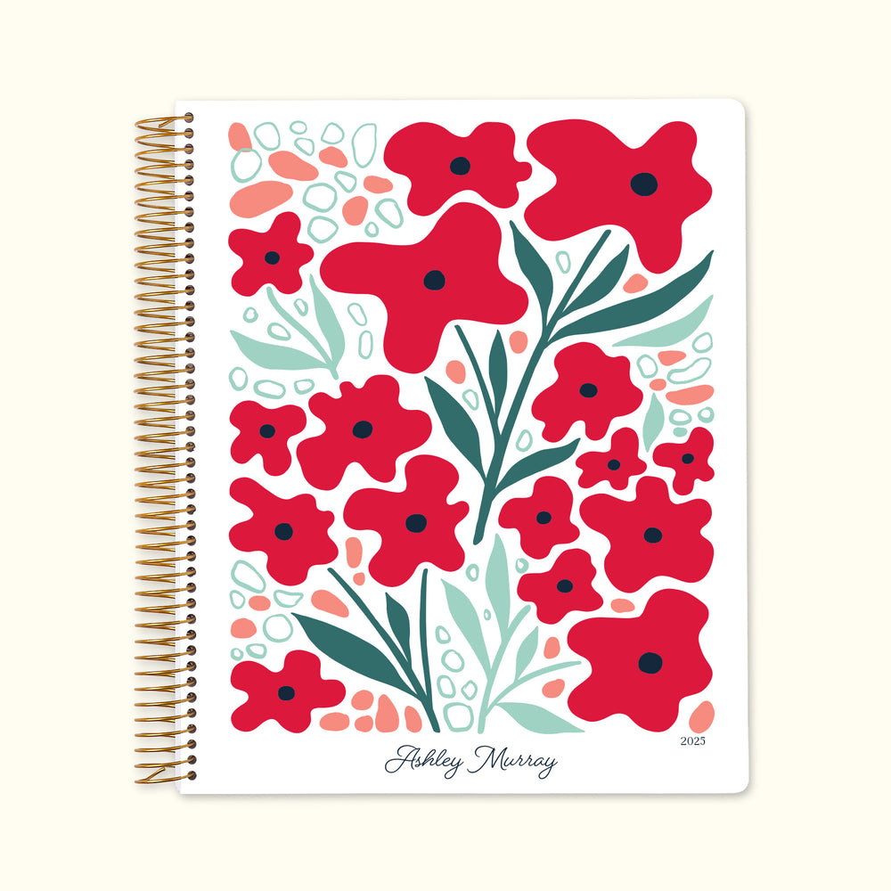 8.5x11 monthly planner with a striking artful flowers red floral cover, showcasing vivid red blooms on premium paper with spacious monthly spreads for structured planning.