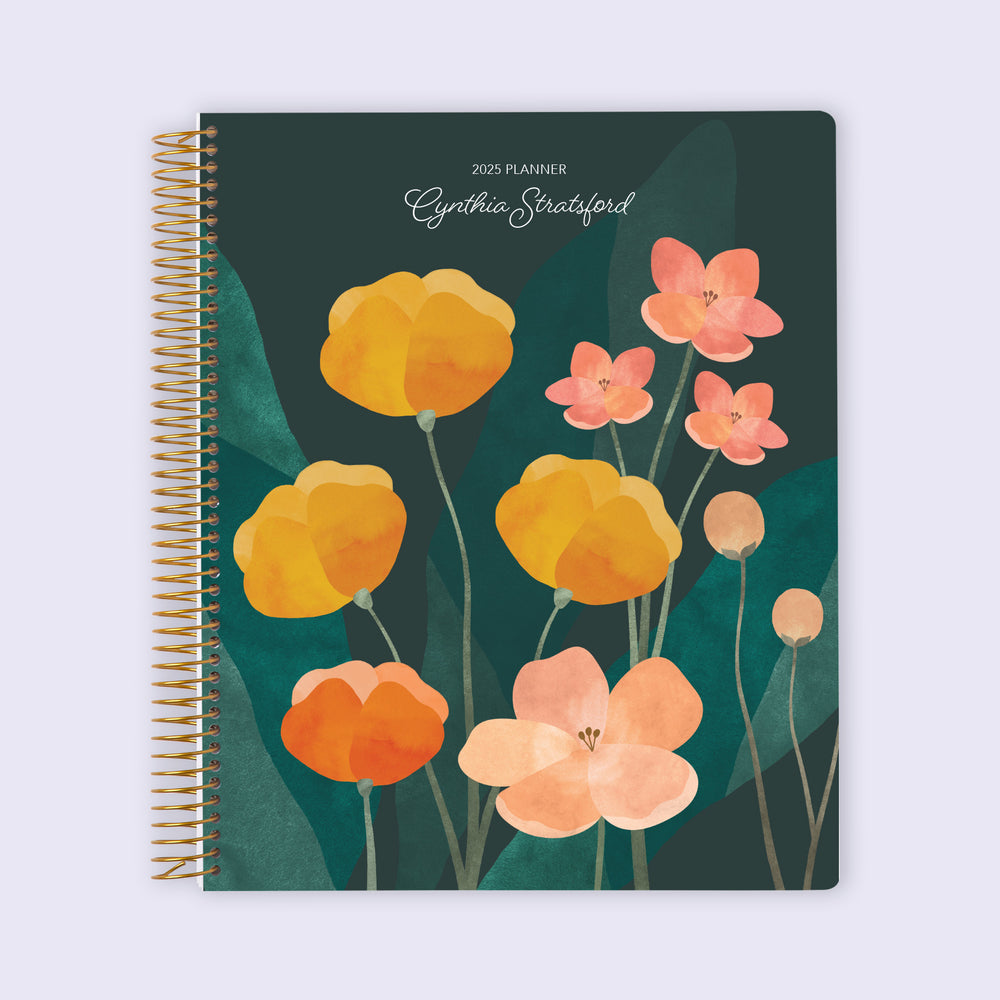 Academic planner with an artistic green abstract floral cover, customizable layouts for study goals, and spiral binding for long-term durability.