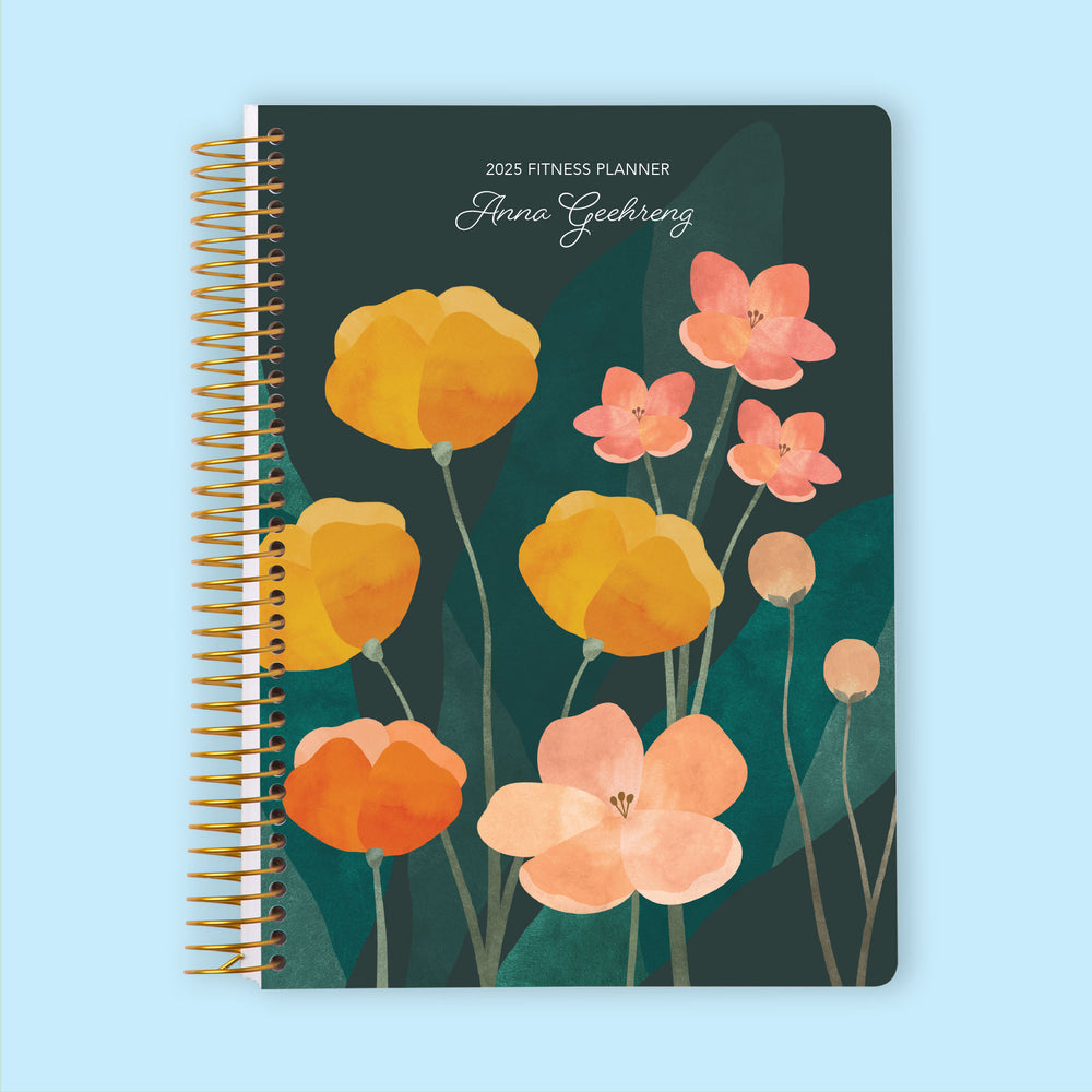 Fitness planner with an Abstract Florals Green Multicolor cover, featuring a vibrant floral design to keep you motivated and organized.