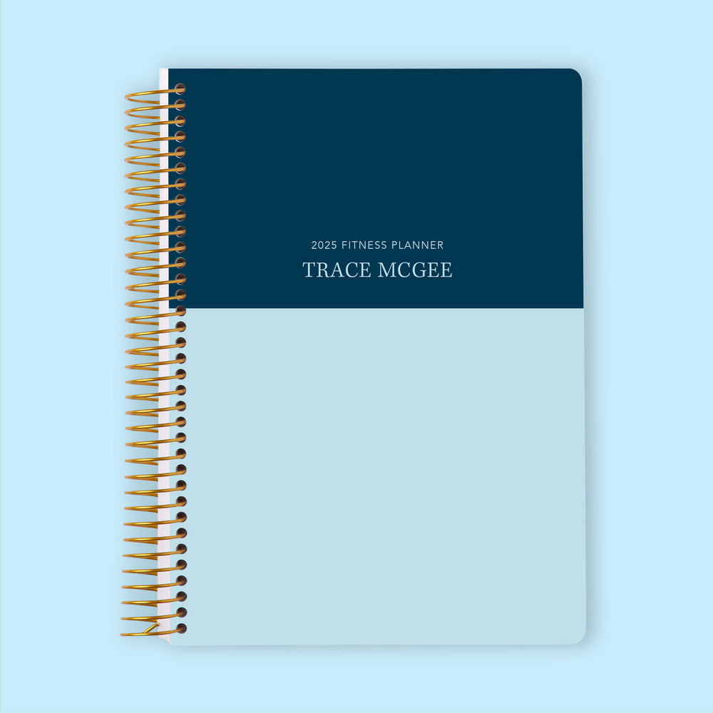 Fitness planner with a Blue Navy Color Block cover, a bold and structured tool for organizing fitness, meals, and self-care.