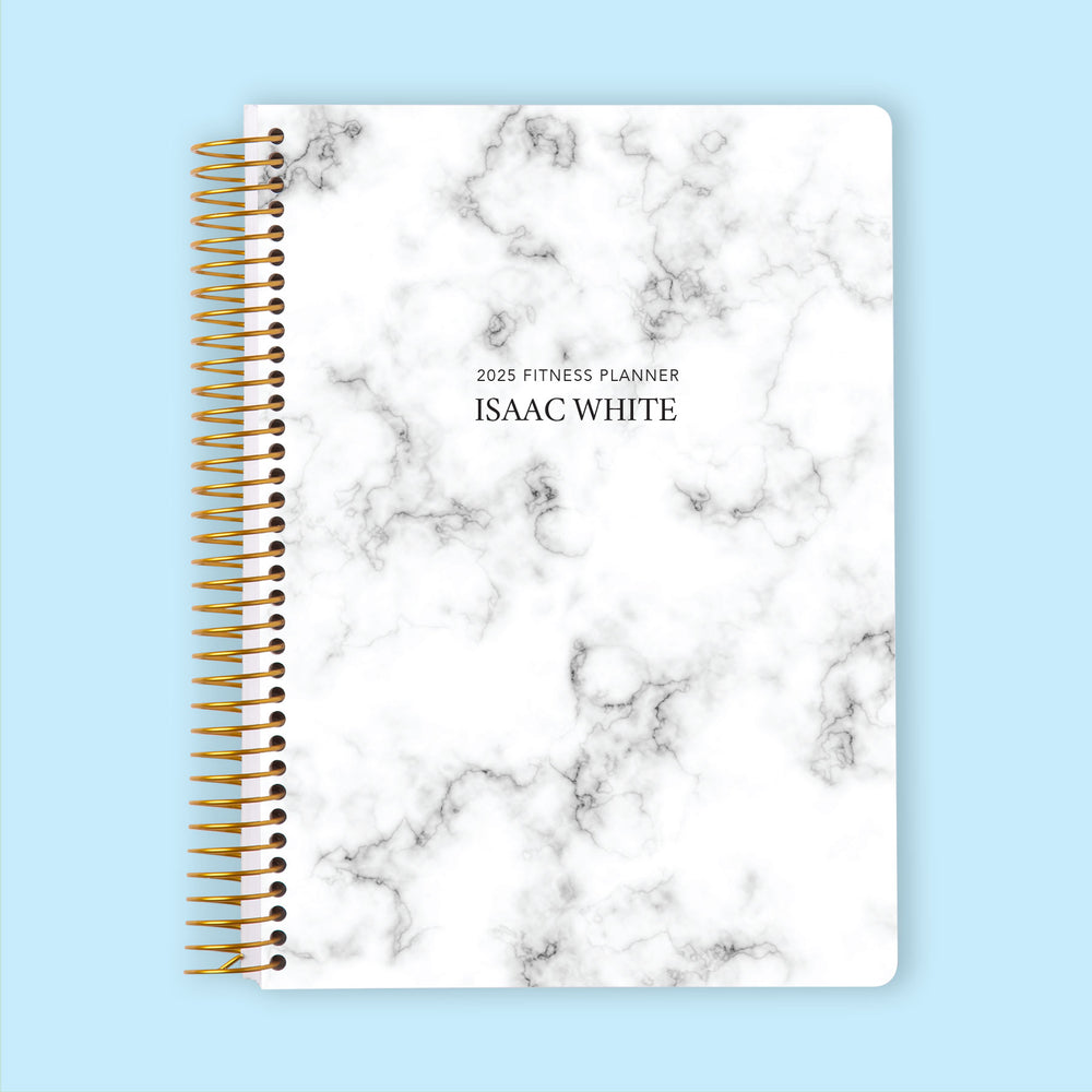 Fitness planner with a Gray Marble cover, offering a sophisticated and functional design for tracking health and fitness.