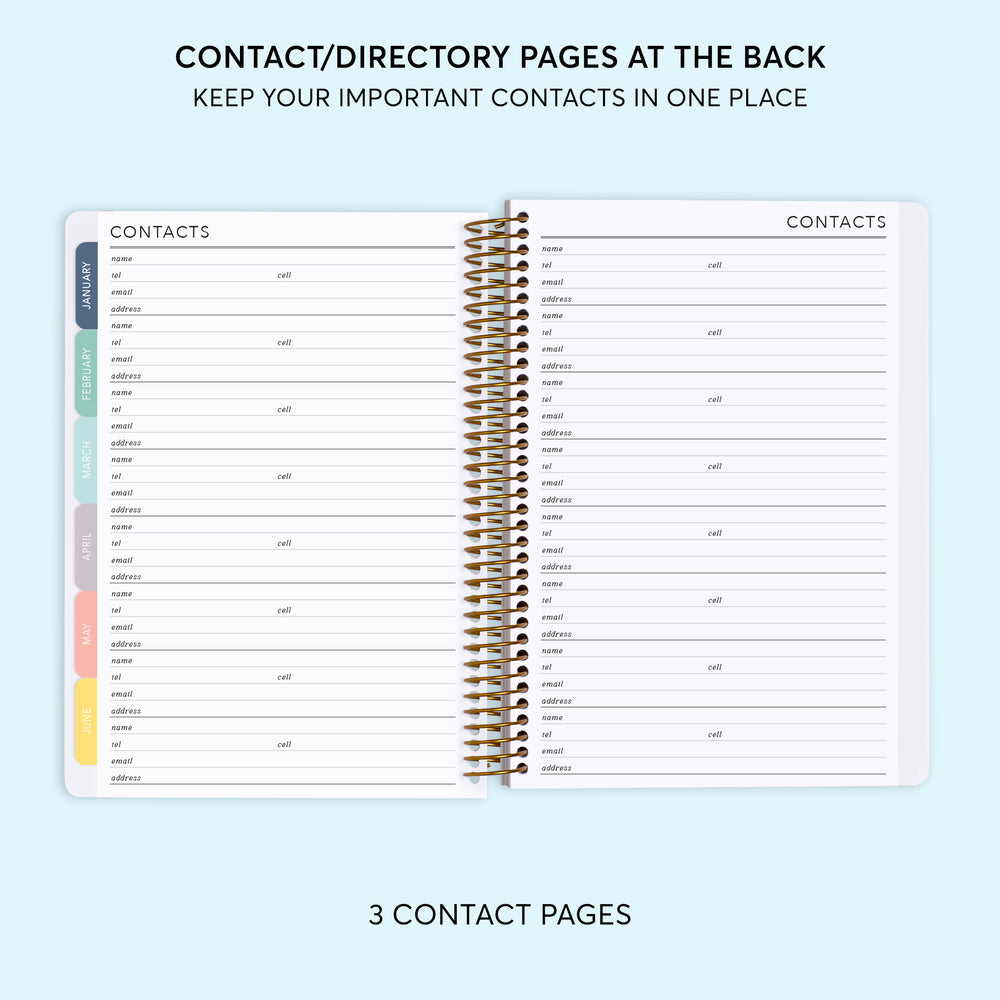 a spiral bound notebook with the text contact directory pages at the back