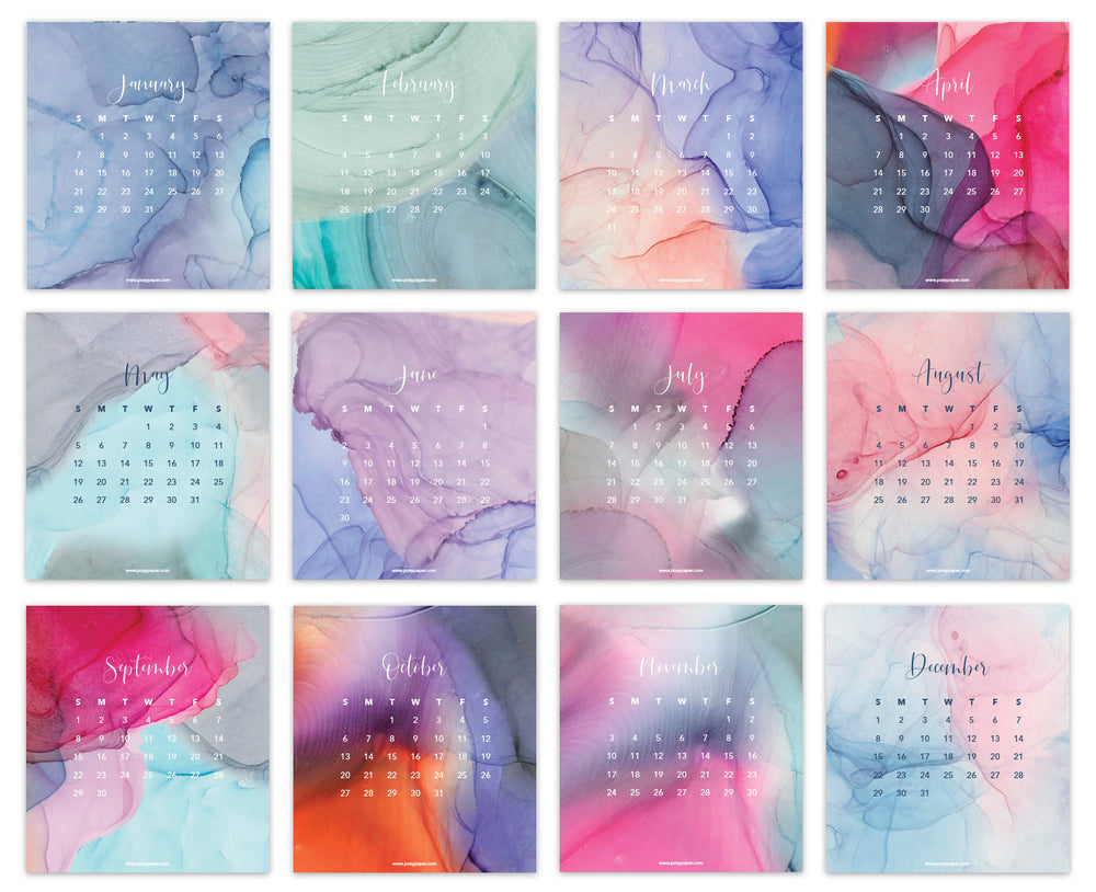 Posy Paper Co. 2024 desk calendar with flowing ink design displaying all twelve months.