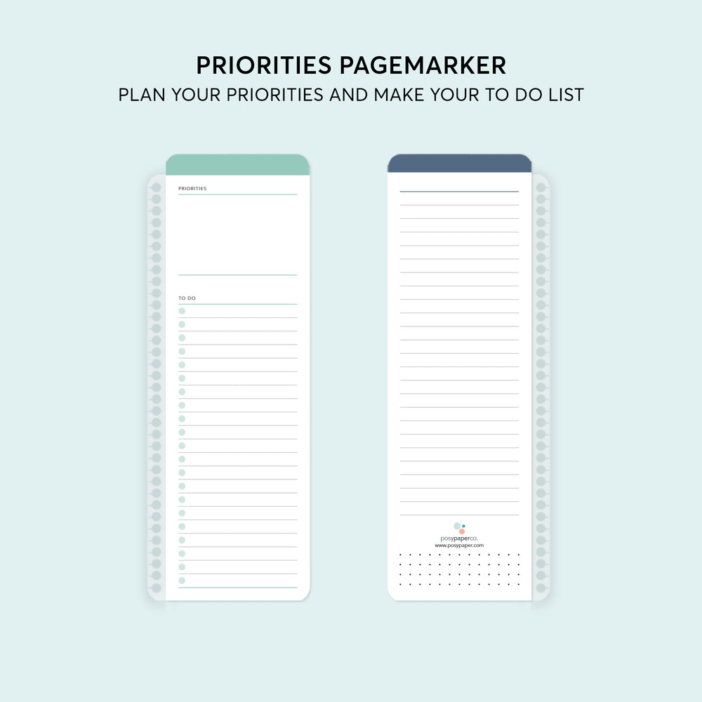 Priorities pagemarker keeps your to-do lists, tasks, and reminders visible. Wet-erase surface for easy note-taking and adjustments.