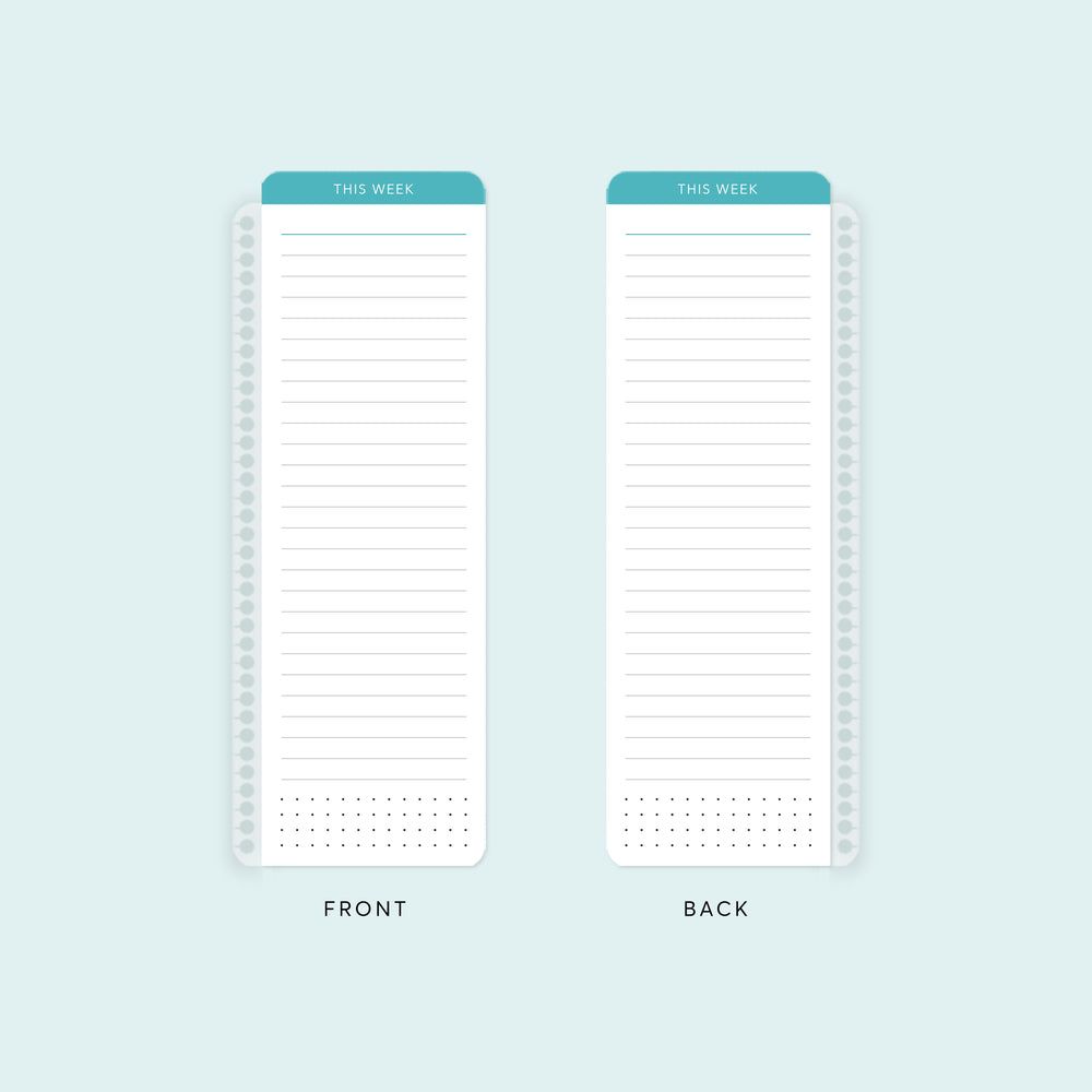 Teal pagemarker with thick, glossy laminate for durable note-taking. Ideal for tracking priorities, to-dos, and keeping your place in your planner.