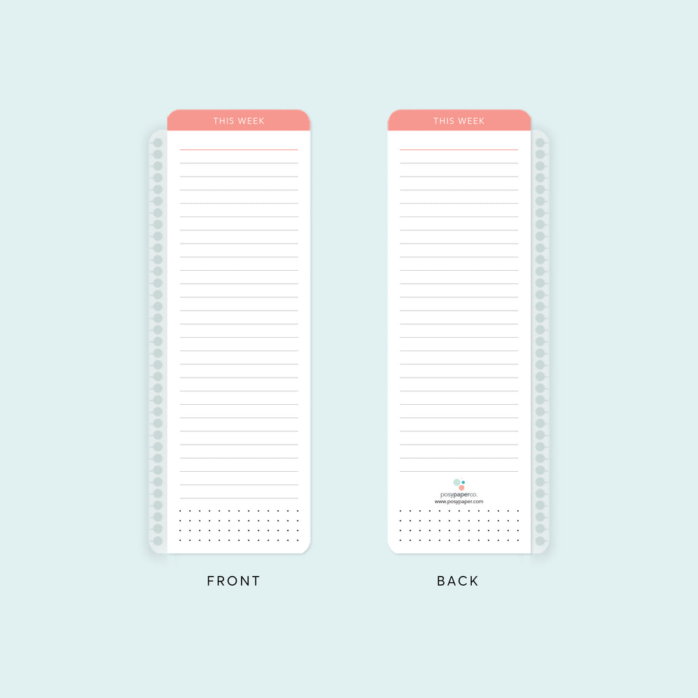 Soft pink pagemarker clips into your planner’s coil, providing a reusable space to write, track, and erase your most important notes and lists.