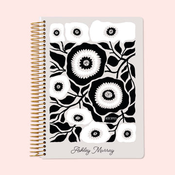 Personalized Recipe Book - Artful Flowers Black and White