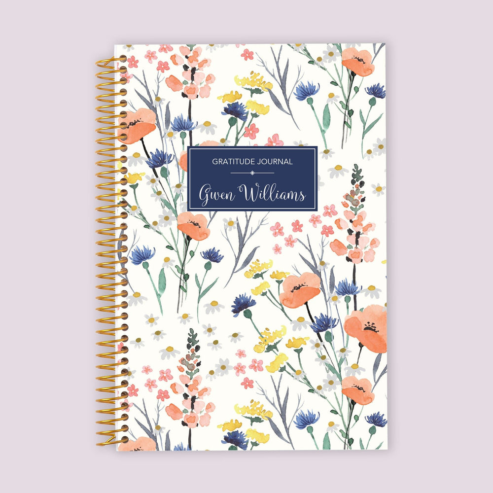 Gratitude journal with a Field Flowers Blue cover, beautifully crafted for gratitude journaling and daily positivity.
