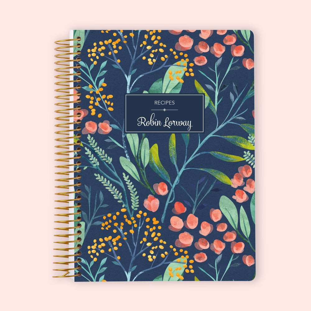 Personalized recipe book with a Navy Watercolor Floral cover, an artistic floral design ideal for preserving favorite recipes, meal ideas, and food inspiration.