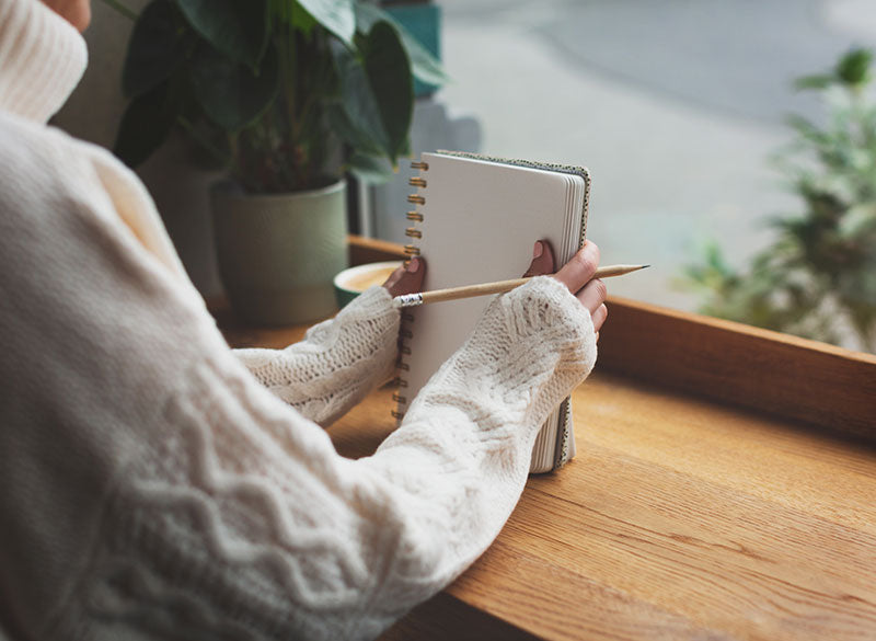 Person holding a blank planner and pencil by a window, taking a quiet moment to start planning again