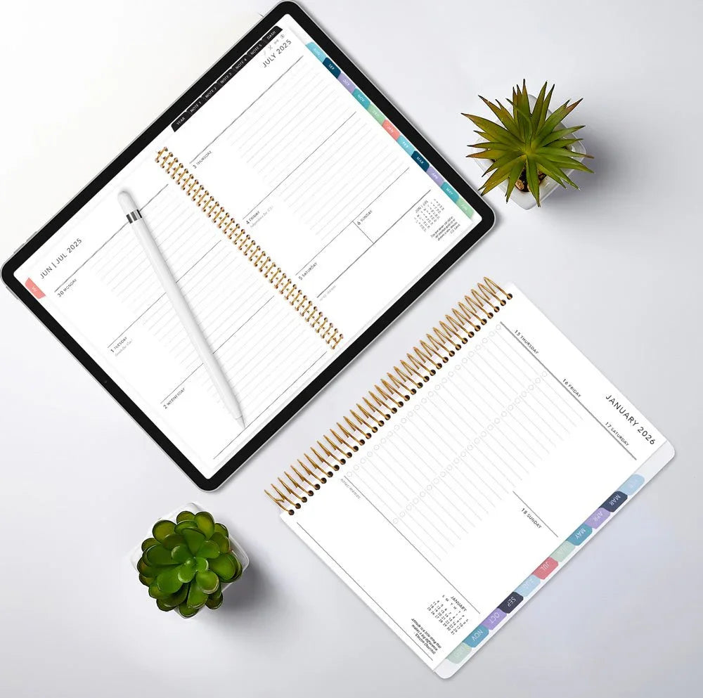 side-by-side view of digital planner screen and Posy Paper Co. physical planner, stylus and pen included