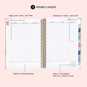 
                  
                    Hourly weekly planner layout with timed daily schedules and weekly notes.
                  
                