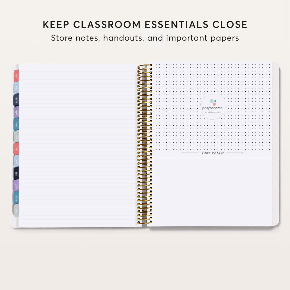 
                  
                    The image is a page from a notebook or planner, with a blank page and a spiral binding. The text above the page reads "KEEP CLASSROOM ESSENTIALS CLOSE Store notes, handouts, and important papers".
                  
                