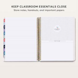 
                  
                    Teacher planner back pocket beside a lined notes page.
                  
                