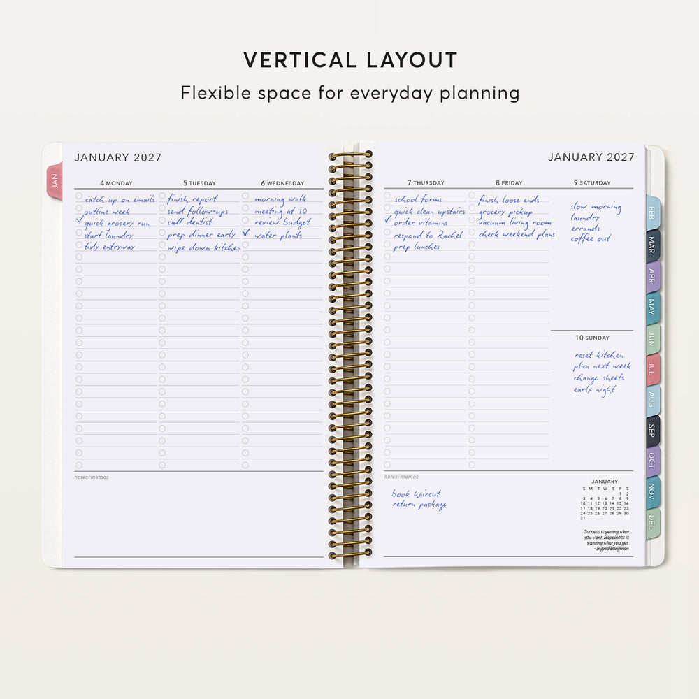 
                  
                    The image is a spiral-bound notebook with a vertical layout, featuring a calendar for January and February of the following year. The notebook has a flexible layout, providing space for everyday planning and organization.
                  
                