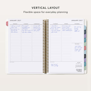 
                  
                    Vertical weekly planner spread with daily columns, handwritten plans and a to-do list.
                  
                