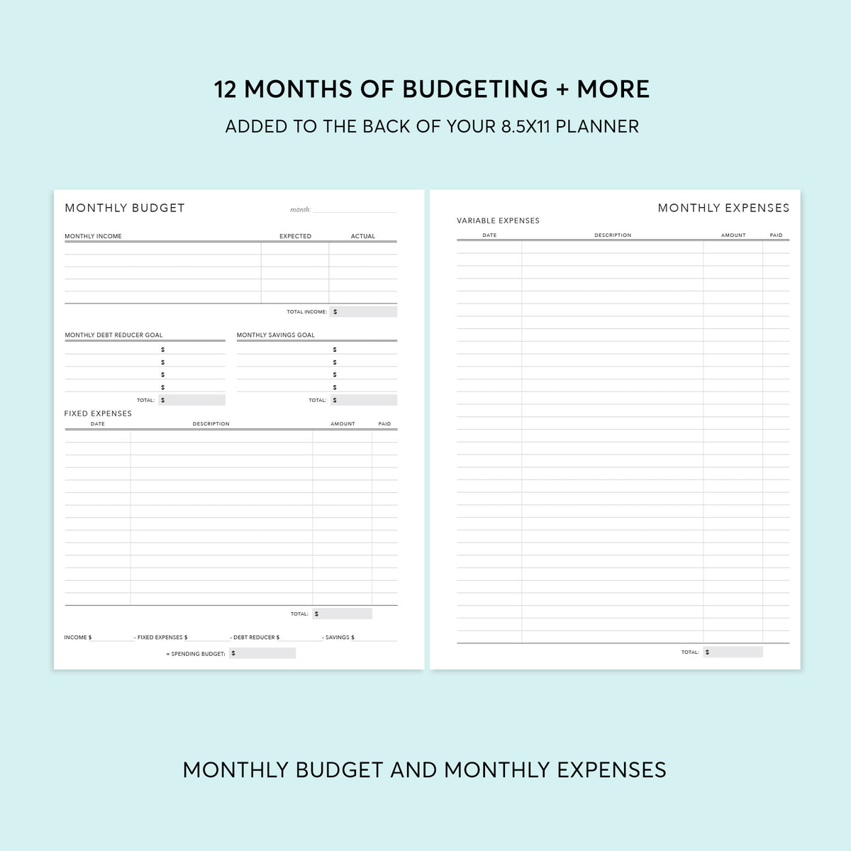 Monthly budget and monthly expenses pages in the 8.5×11 planner budget planning add-on.