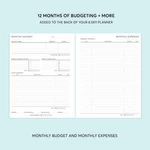 
                  
                    Monthly budget and monthly expenses pages in the 8.5×11 planner budget planning add-on.
                  
                