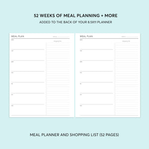 
                  
                    Weekly meal planning and shopping list pages in the 8.5×11 planner meal planning add-on.
                  
                