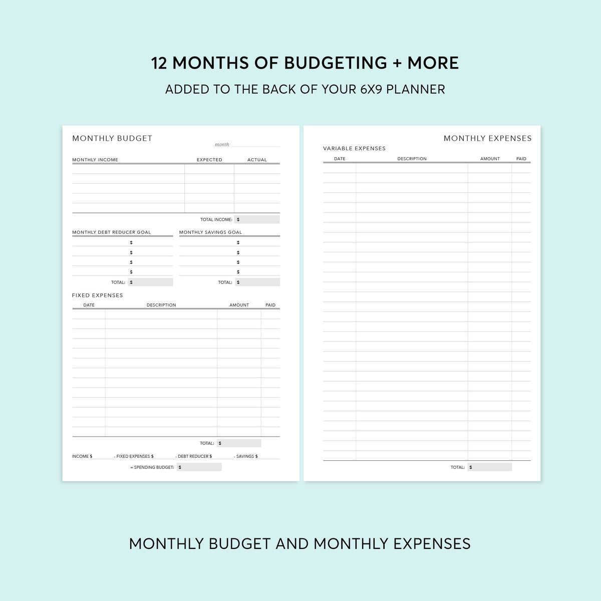 Preview of the budget planning pages for a 6×9 Posy planner