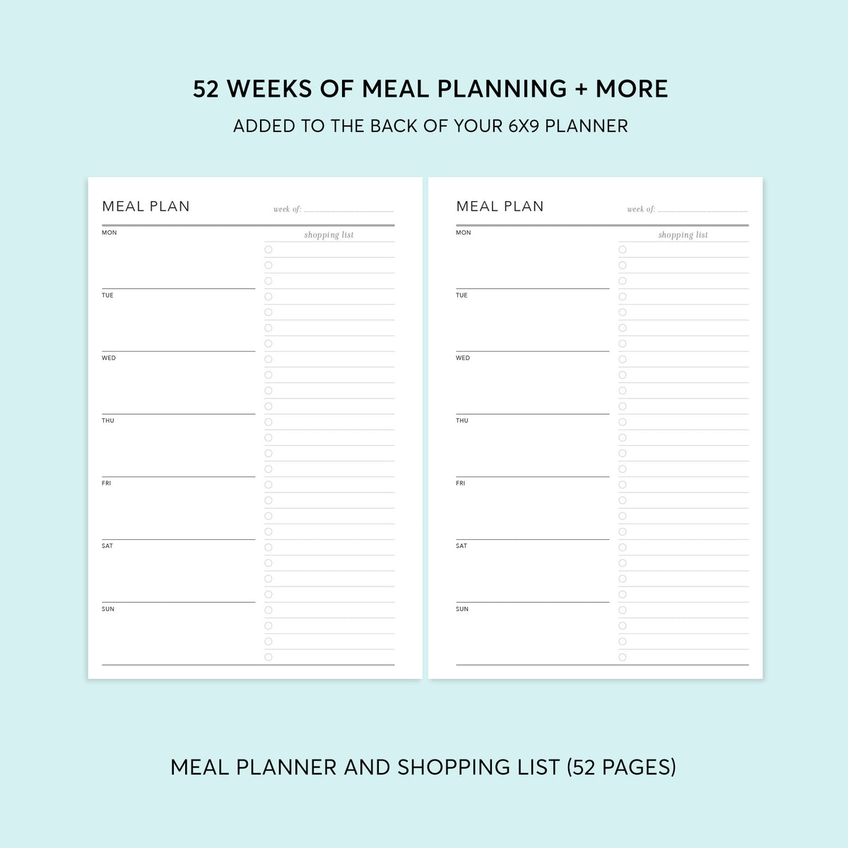 Preview of the meal planning pages for a 6×9 Posy planner